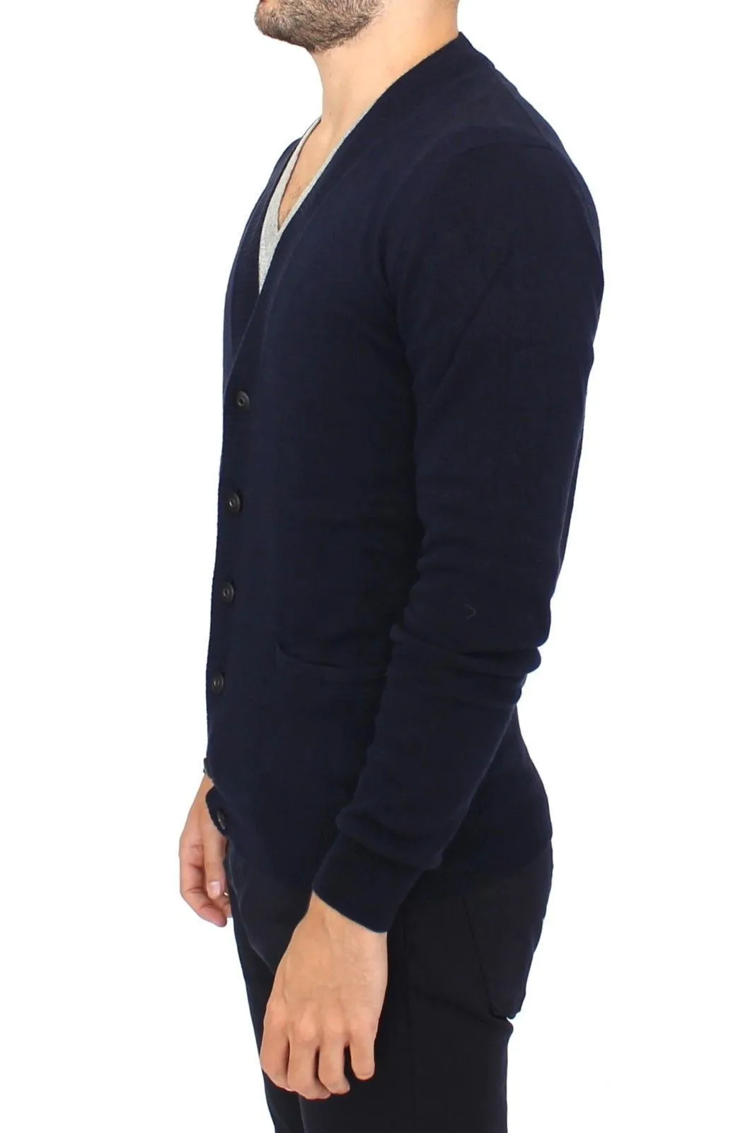 Blue Wool Cashmere Cardigan Pullover Sweater for Men