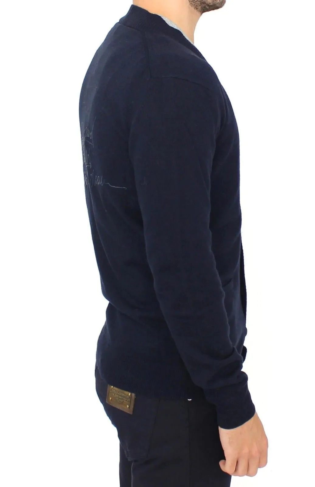 Blue Wool Cashmere Cardigan Pullover Sweater for Men
