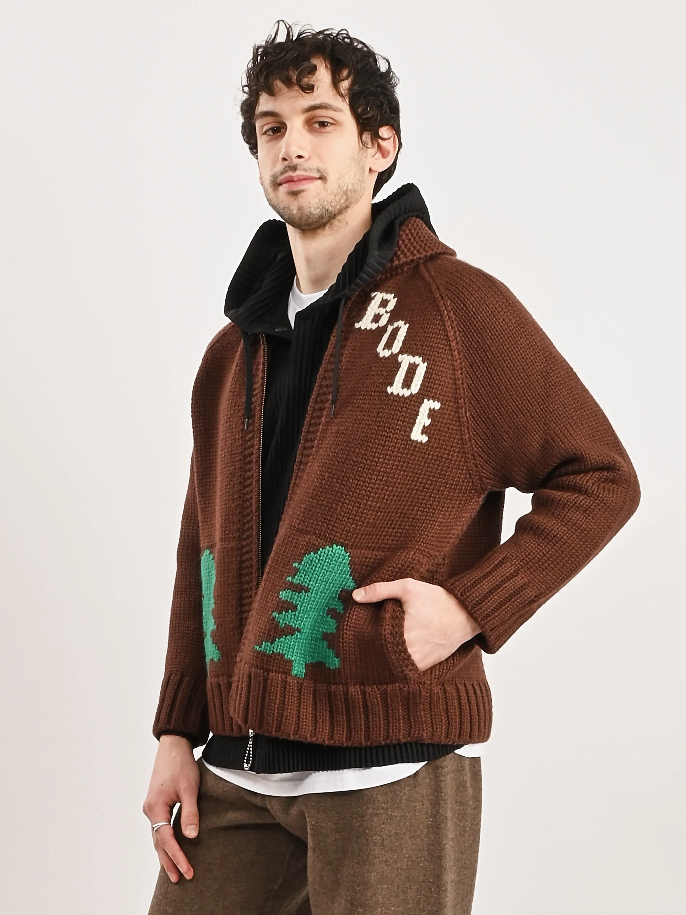 Brown Fir Shawl Collar Cardigan