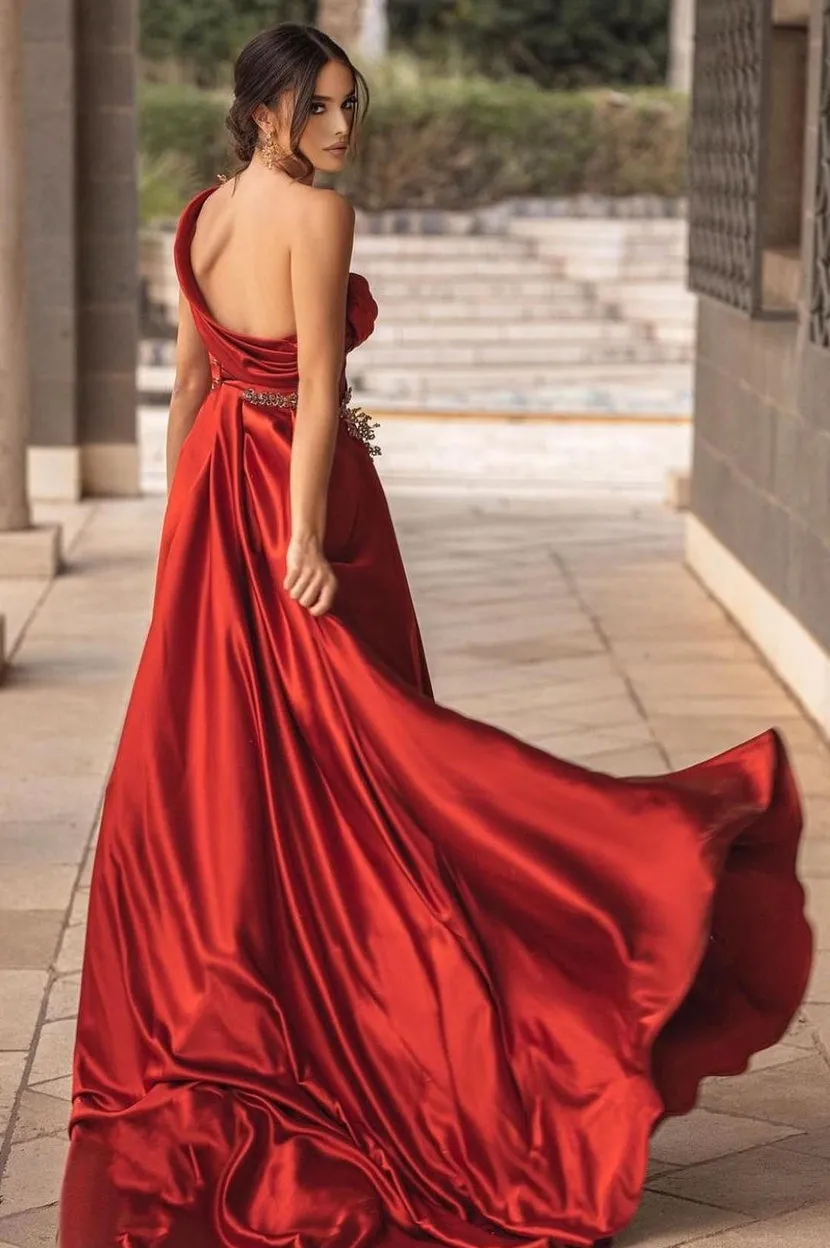 Burgundy One-shoulder High Split Long Prom Dress with Half train