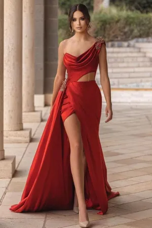 Burgundy One-shoulder High Split Long Prom Dress with Half train