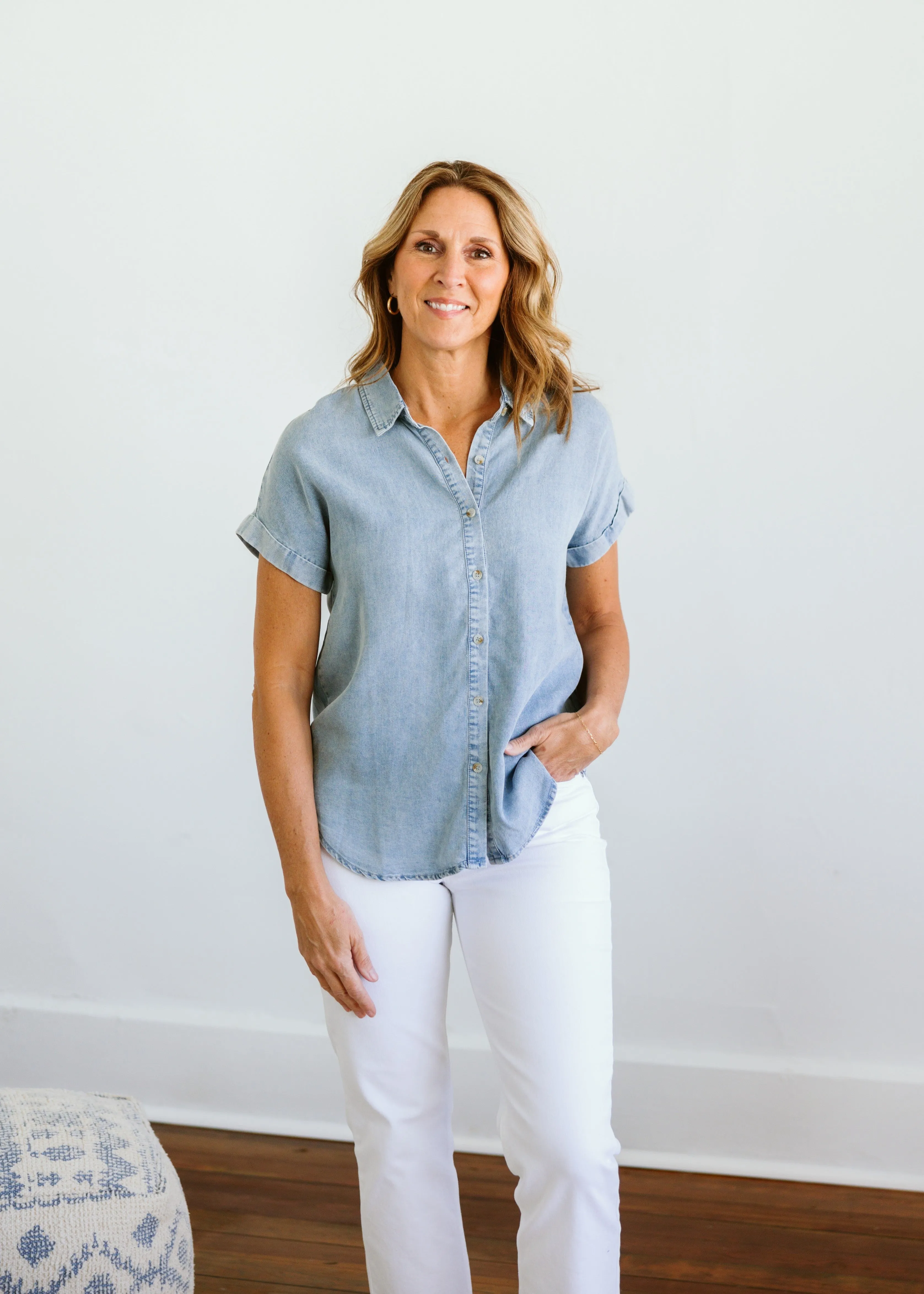 Chambray Folded Sleeve Top