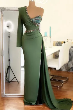 Chic One Shoulder Mermaid Evening Gown Green Party Dress