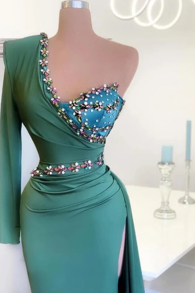 Chic One Shoulder Mermaid Evening Gown Green Party Dress