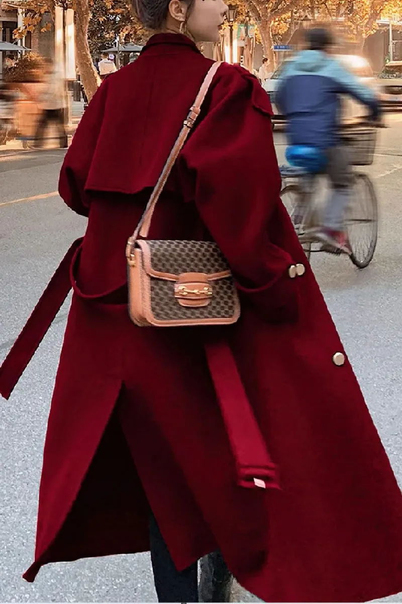 Chouyatou chouyatou Women's Winter Double Breasted Midi Long Wool Pea Coat Notch Lapel Winter Trench Coat