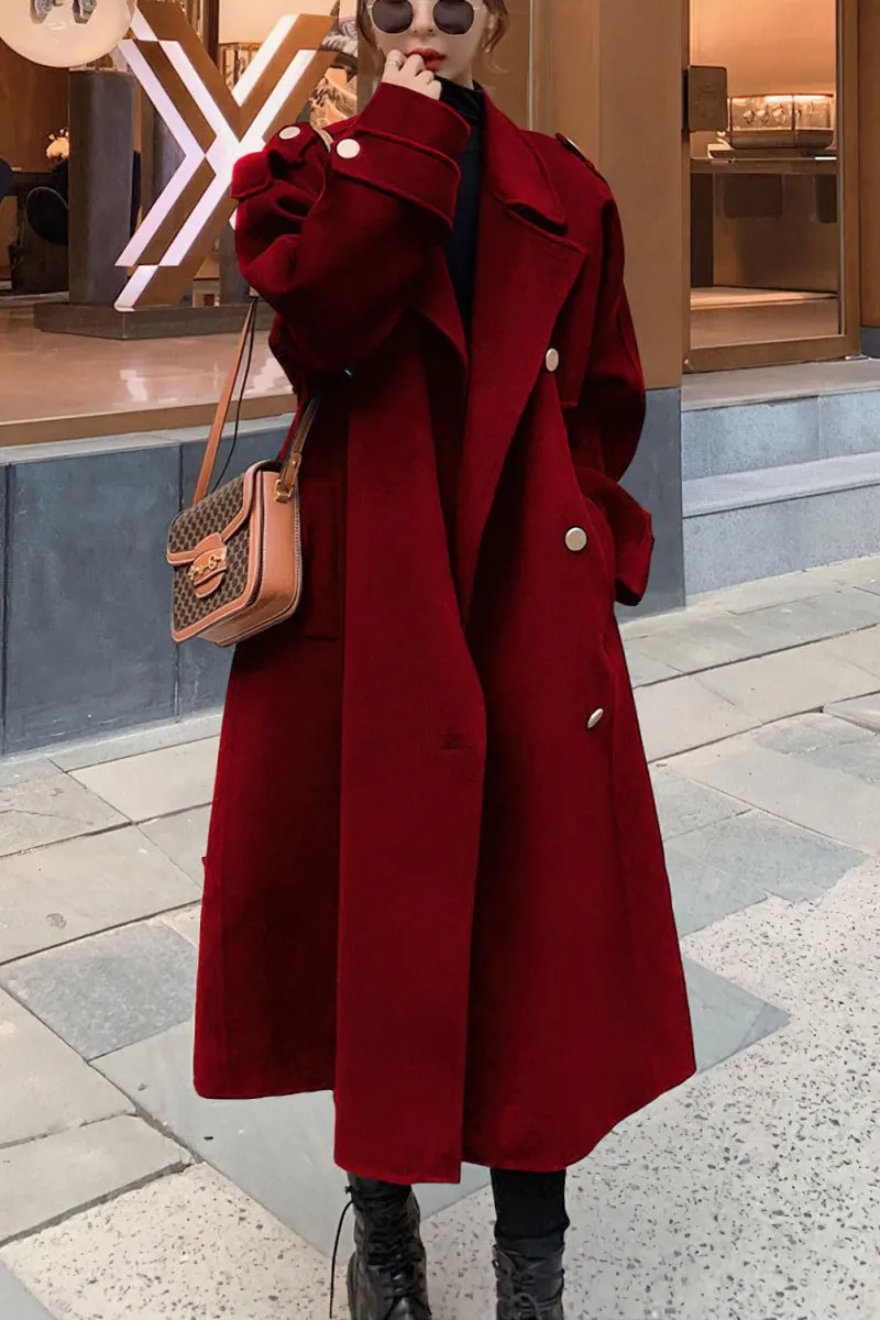 Chouyatou chouyatou Women's Winter Double Breasted Midi Long Wool Pea Coat Notch Lapel Winter Trench Coat