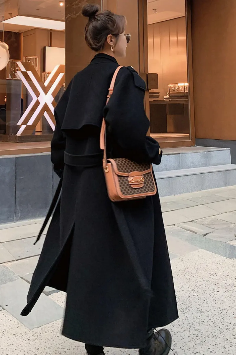 Chouyatou chouyatou Women's Winter Double Breasted Midi Long Wool Pea Coat Notch Lapel Winter Trench Coat