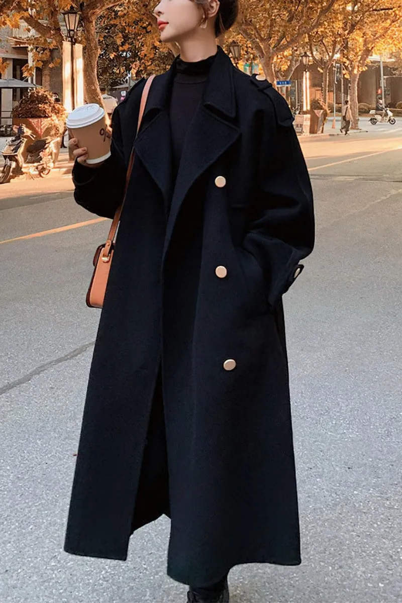 Chouyatou chouyatou Women's Winter Double Breasted Midi Long Wool Pea Coat Notch Lapel Winter Trench Coat