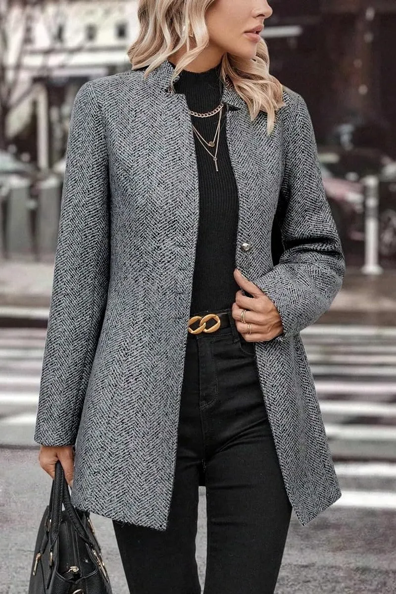 Chouyatou Women's Business Casual Herringbone Wool Coat Button Up Notch Collar Dressy Blazer Jacket