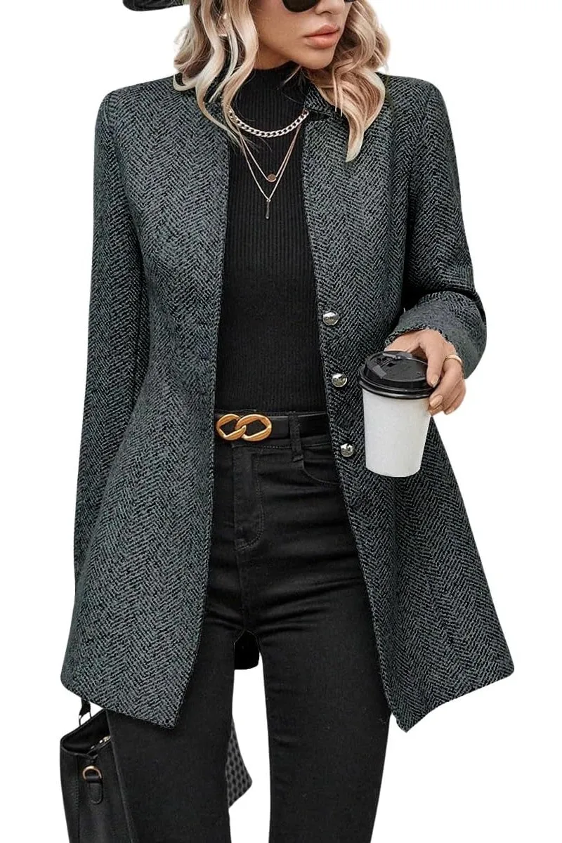 Chouyatou Women's Business Casual Herringbone Wool Coat Button Up Notch Collar Dressy Blazer Jacket