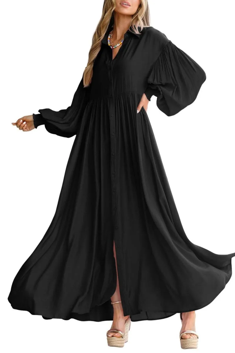 Chouyatou Women's Casual Long Sleeve Button Down Shirt Dress Elegant Pleated Flowy Swing Maxi Dress