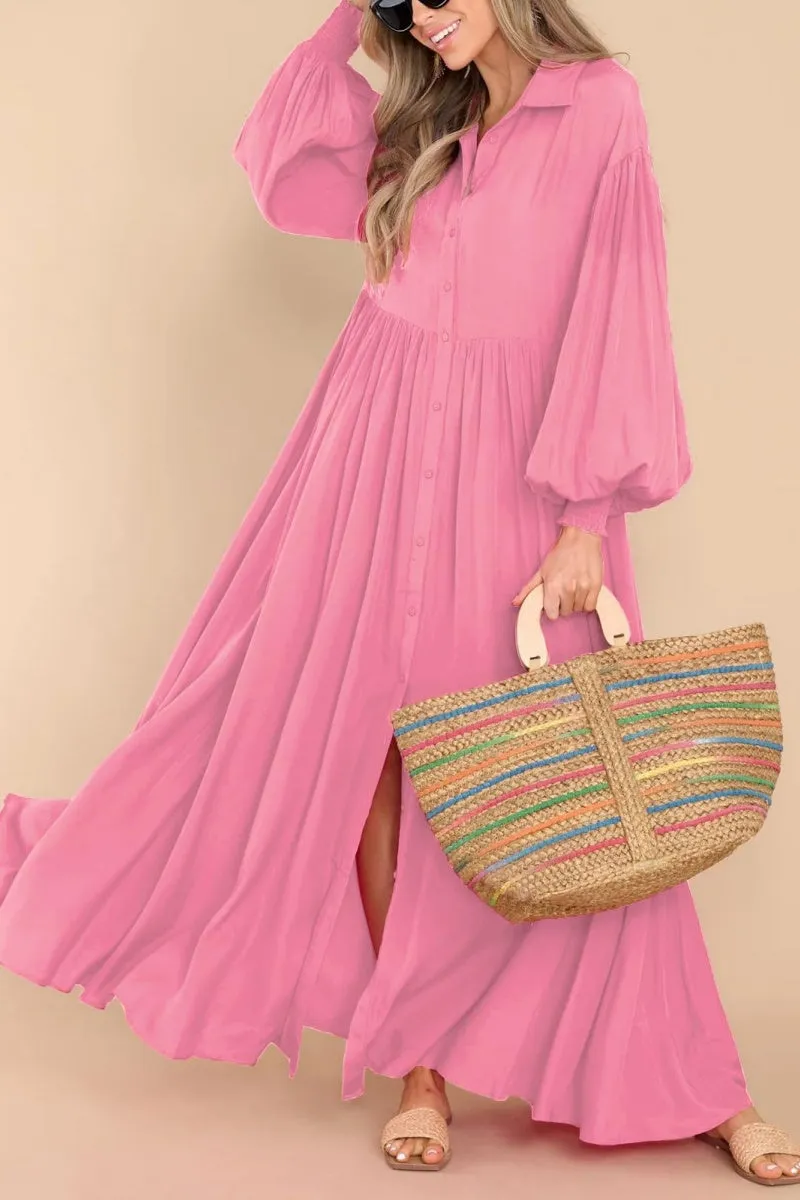 Chouyatou Women's Casual Long Sleeve Button Down Shirt Dress Elegant Pleated Flowy Swing Maxi Dress