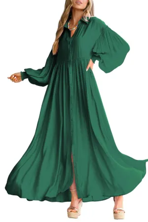 Chouyatou Women's Casual Long Sleeve Button Down Shirt Dress Elegant Pleated Flowy Swing Maxi Dress