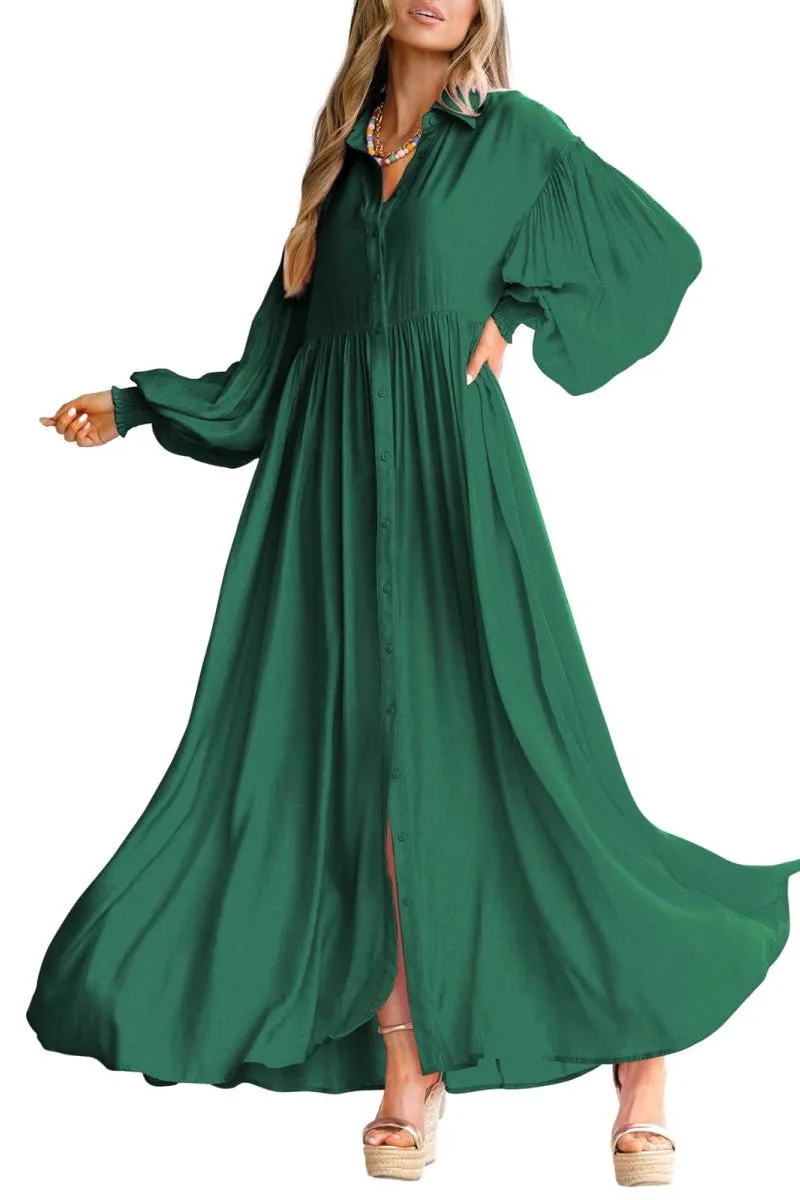 Chouyatou Women's Casual Long Sleeve Button Down Shirt Dress Elegant Pleated Flowy Swing Maxi Dress