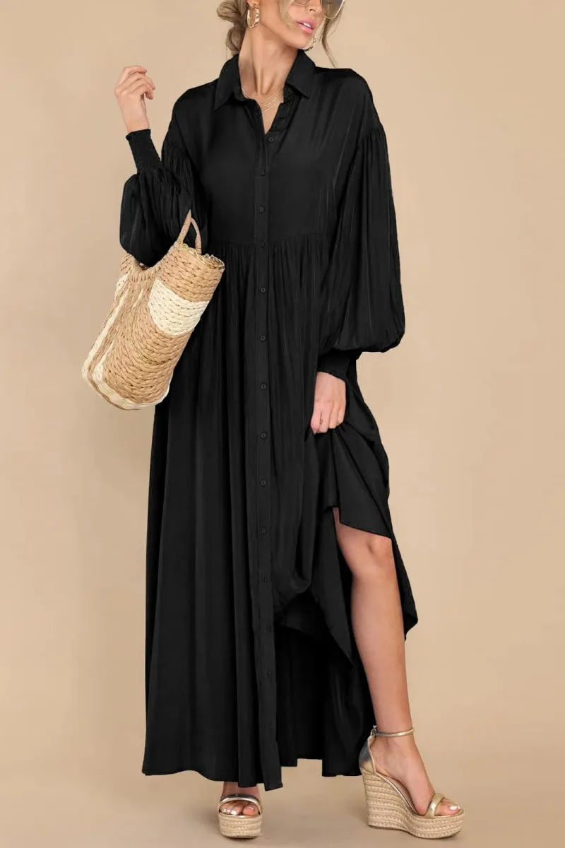 Chouyatou Women's Casual Long Sleeve Button Down Shirt Dress Elegant Pleated Flowy Swing Maxi Dress