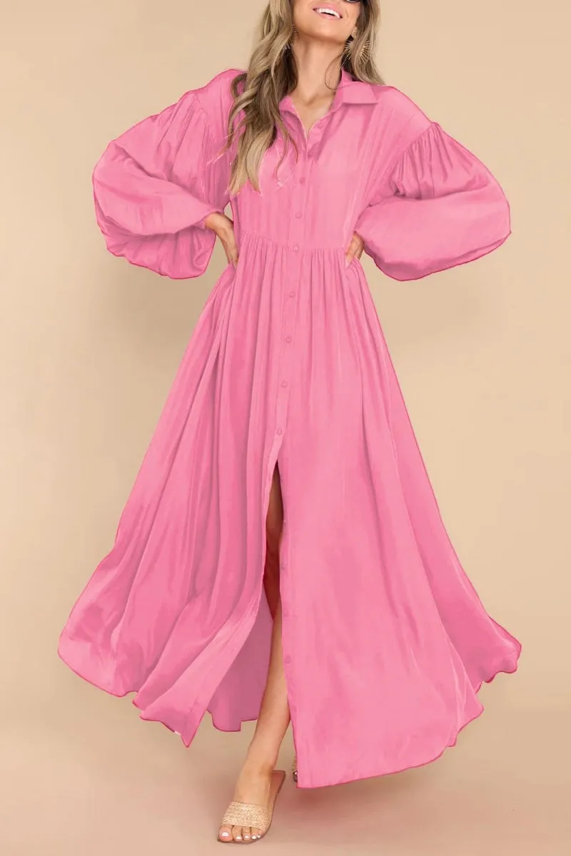 Chouyatou Women's Casual Long Sleeve Button Down Shirt Dress Elegant Pleated Flowy Swing Maxi Dress