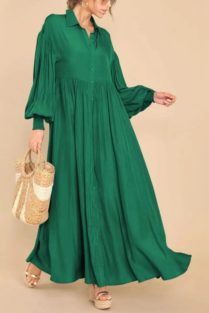 Chouyatou Women's Casual Long Sleeve Button Down Shirt Dress Elegant Pleated Flowy Swing Maxi Dress