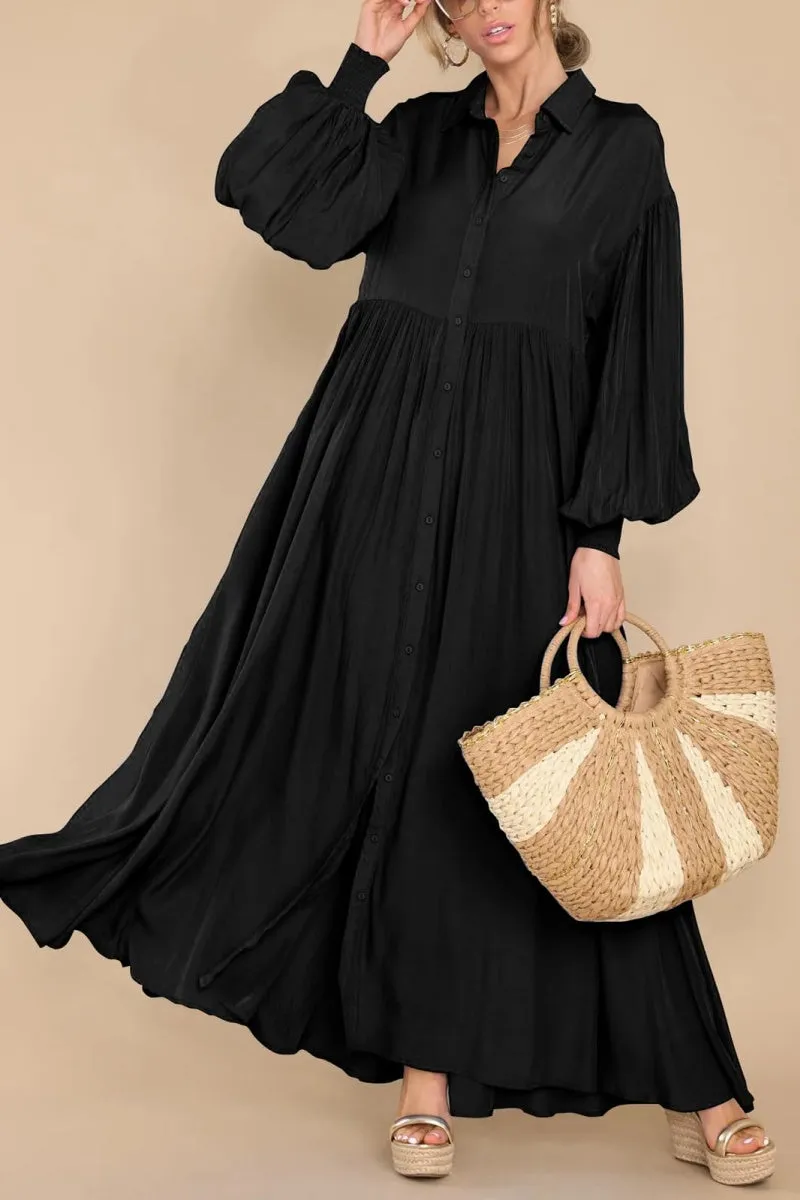 Chouyatou Women's Casual Long Sleeve Button Down Shirt Dress Elegant Pleated Flowy Swing Maxi Dress