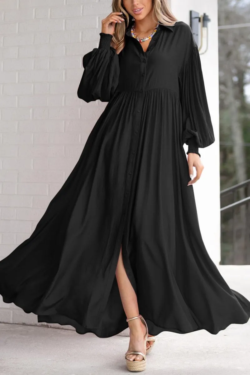 Chouyatou Women's Casual Long Sleeve Button Down Shirt Dress Elegant Pleated Flowy Swing Maxi Dress