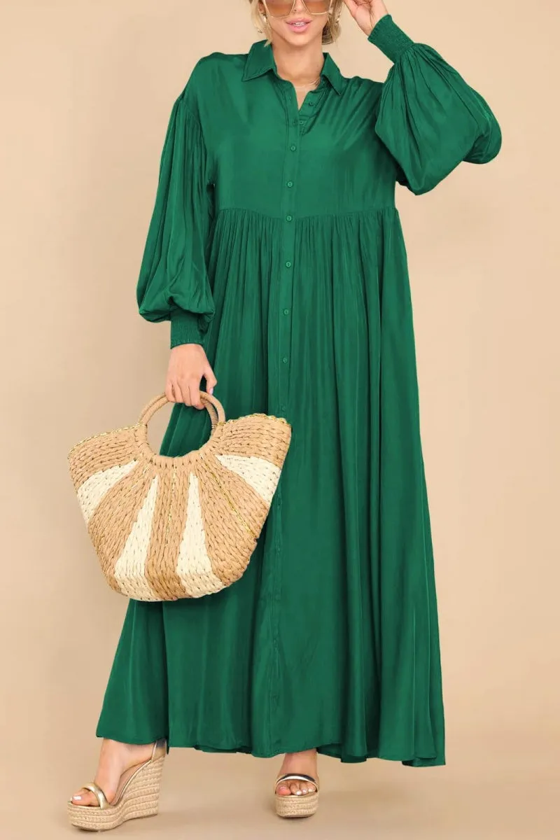 Chouyatou Women's Casual Long Sleeve Button Down Shirt Dress Elegant Pleated Flowy Swing Maxi Dress