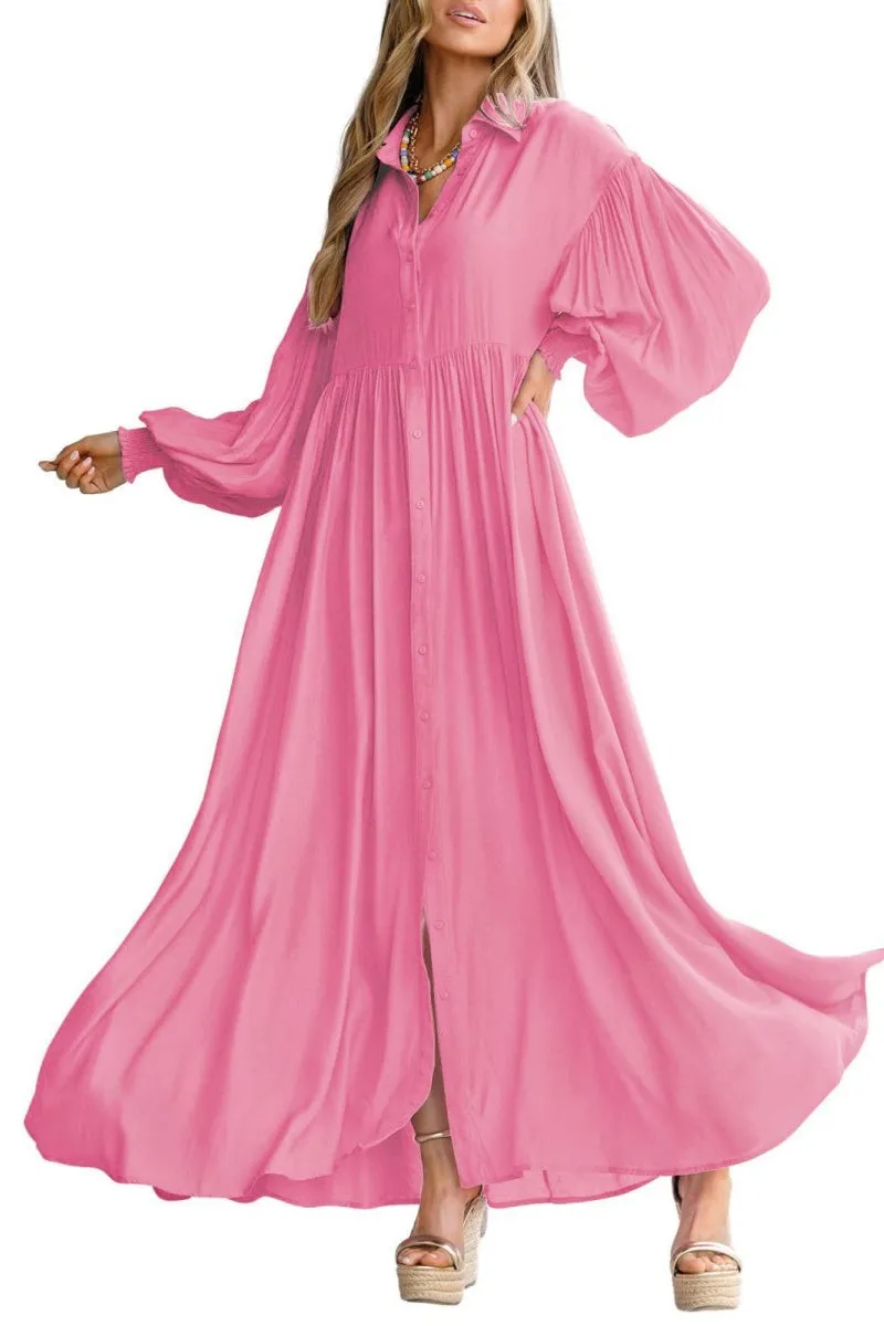 Chouyatou Women's Casual Long Sleeve Button Down Shirt Dress Elegant Pleated Flowy Swing Maxi Dress