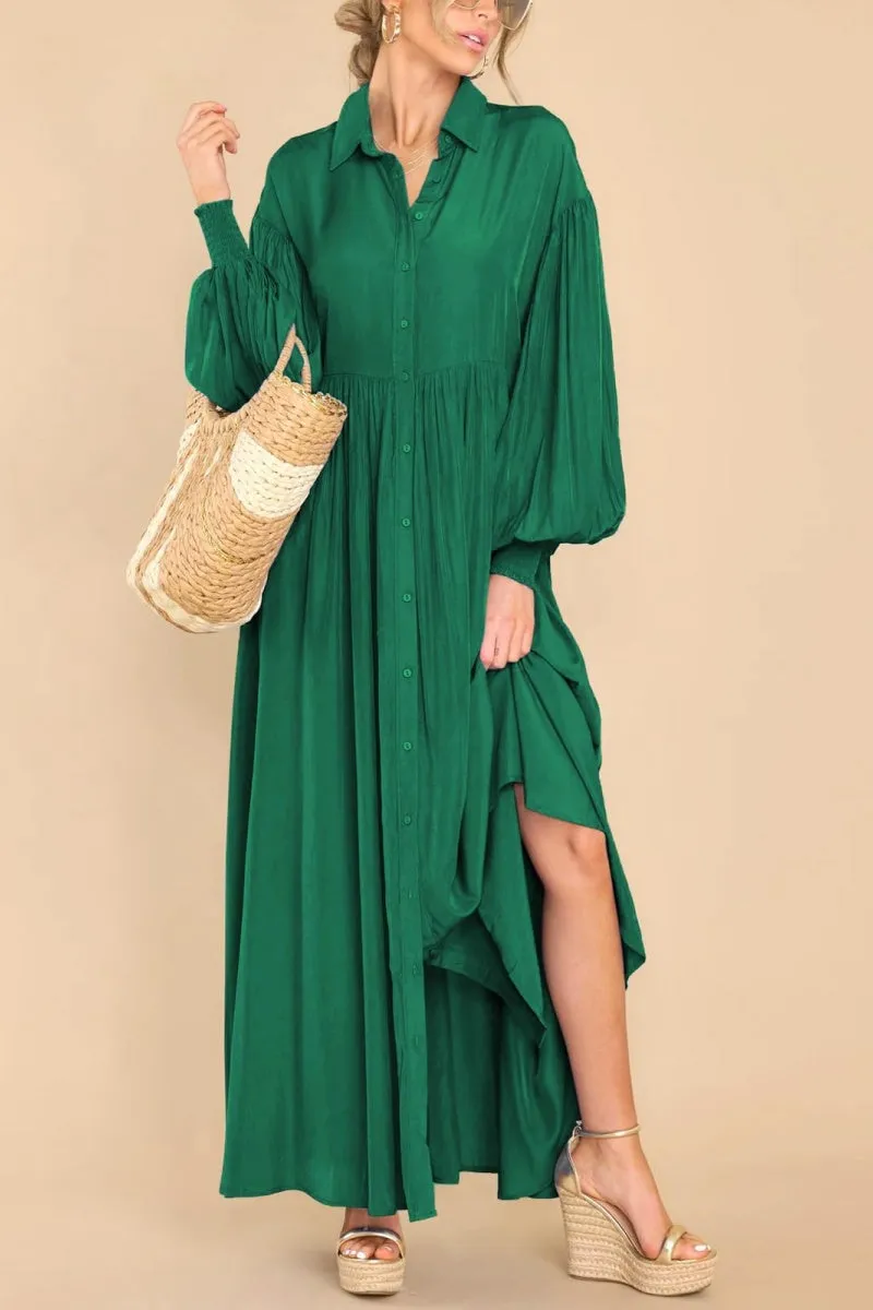 Chouyatou Women's Casual Long Sleeve Button Down Shirt Dress Elegant Pleated Flowy Swing Maxi Dress