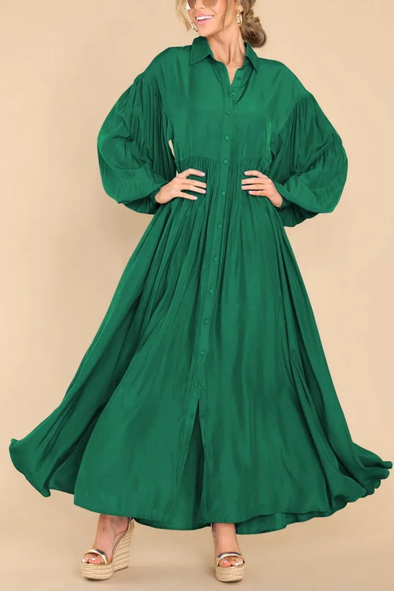 Chouyatou Women's Casual Long Sleeve Button Down Shirt Dress Elegant Pleated Flowy Swing Maxi Dress