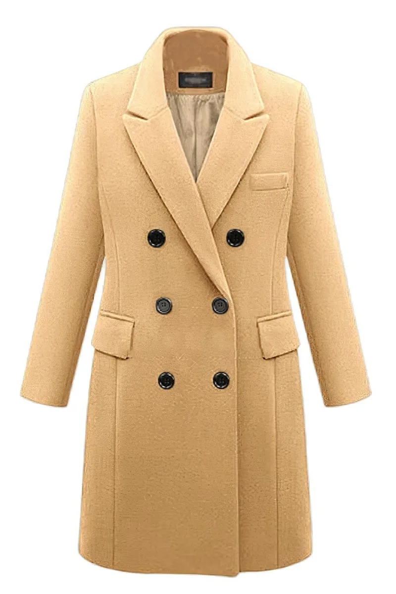 Chouyatou Women's Classic Notched Lapel Double-Breasted Warm Pea Coat Overcoat with Pockets
