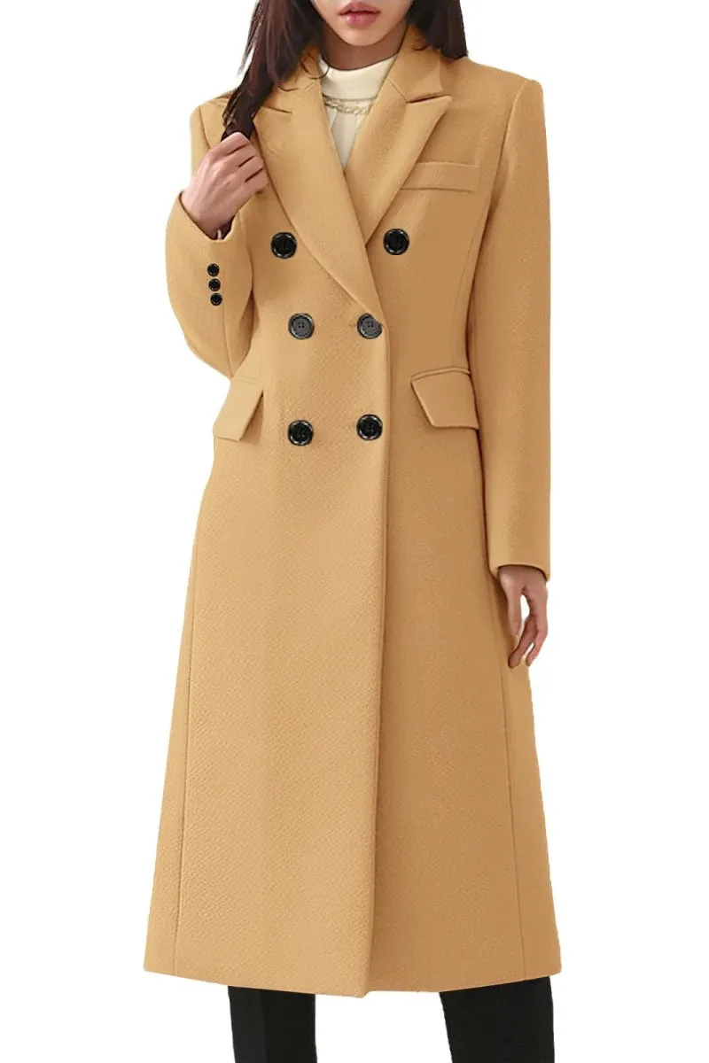 Chouyatou Women's Classic Notched Lapel Double-Breasted Warm Pea Coat Overcoat with Pockets