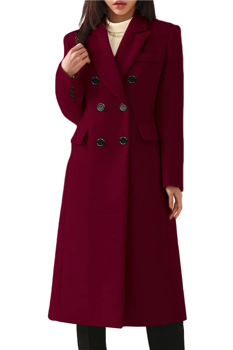Chouyatou Women's Classic Notched Lapel Double-Breasted Warm Pea Coat Overcoat with Pockets