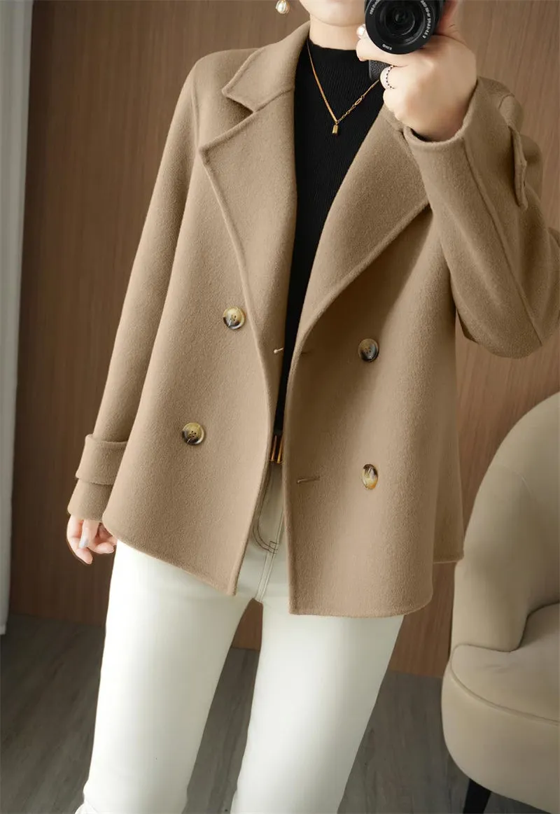 Chouyatou Womens Fall Winter Casual Business Wool Blend Coat Loose Double Breasted Dressy Blazer Pea Coat