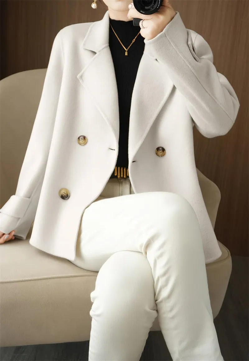 Chouyatou Womens Fall Winter Casual Business Wool Blend Coat Loose Double Breasted Dressy Blazer Pea Coat