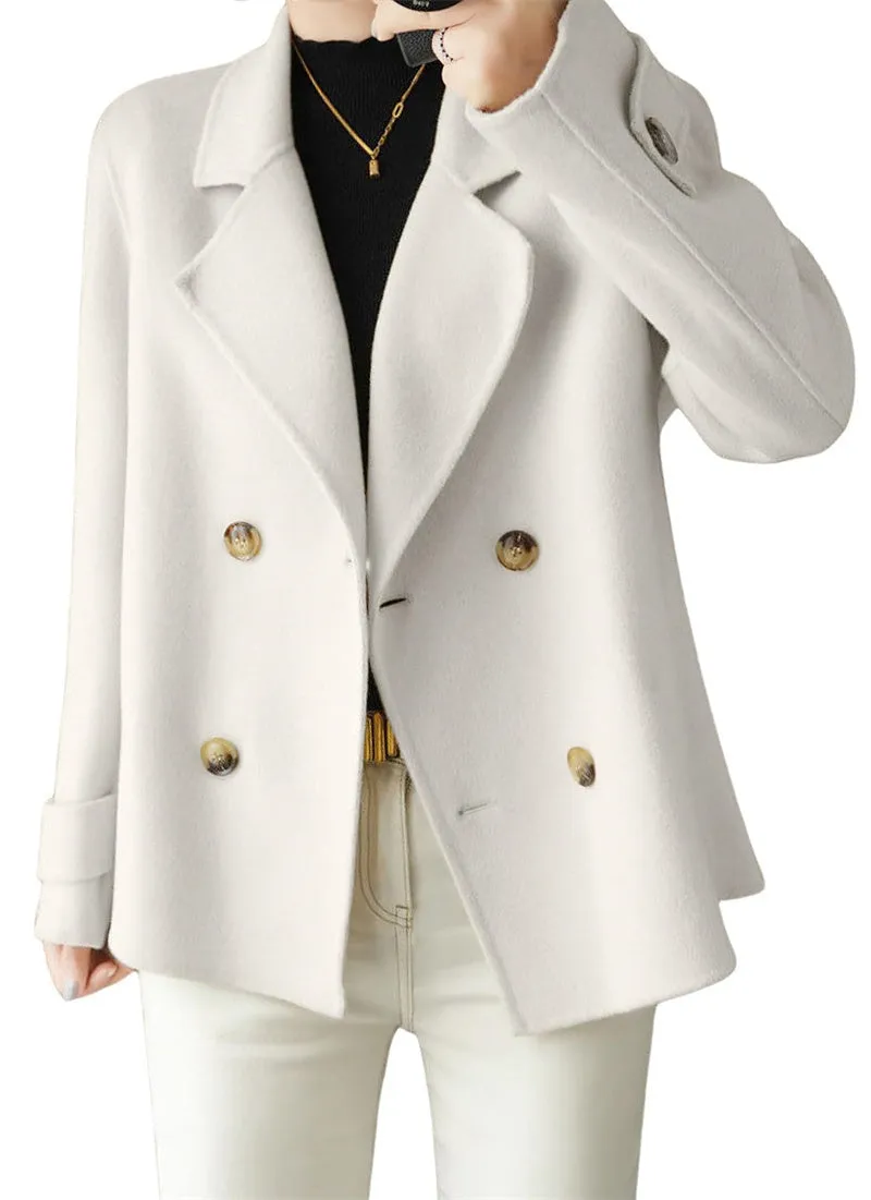 Chouyatou Womens Fall Winter Casual Business Wool Blend Coat Loose Double Breasted Dressy Blazer Pea Coat