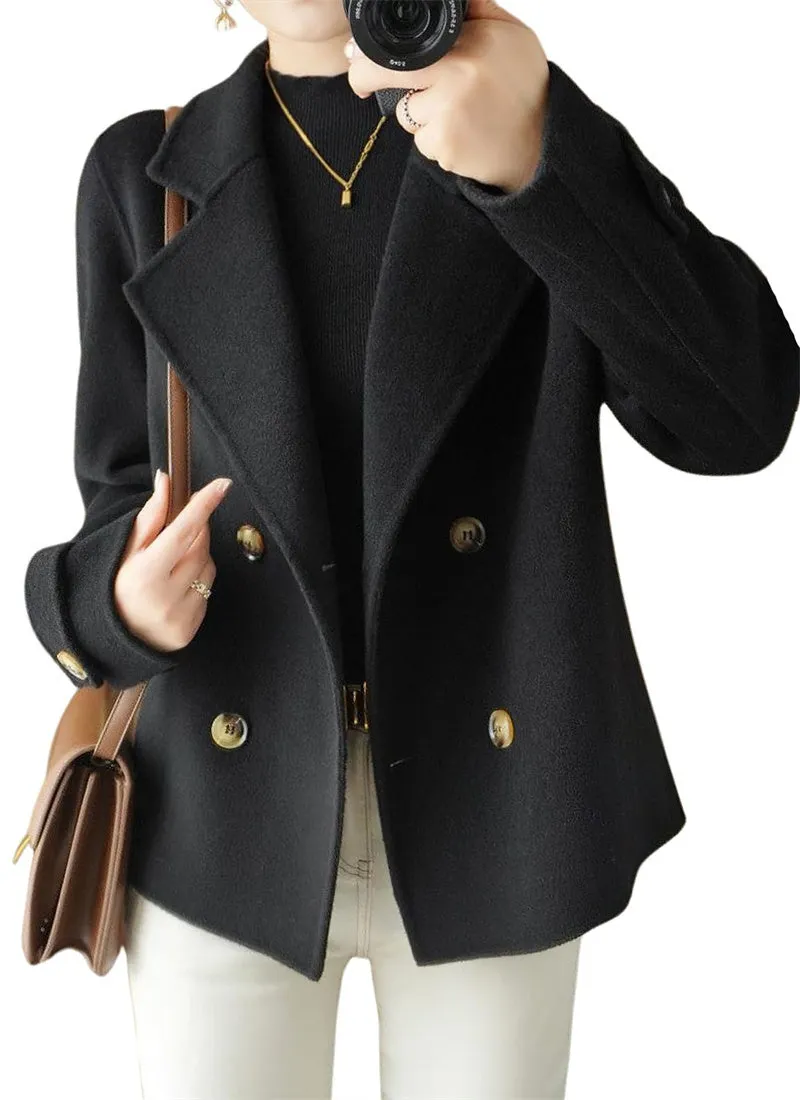 Chouyatou Womens Fall Winter Casual Business Wool Blend Coat Loose Double Breasted Dressy Blazer Pea Coat