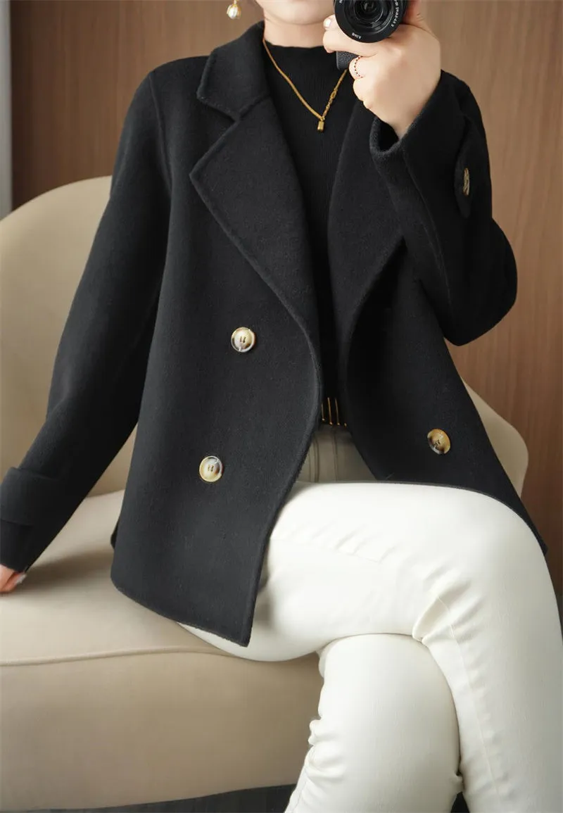 Chouyatou Womens Fall Winter Casual Business Wool Blend Coat Loose Double Breasted Dressy Blazer Pea Coat