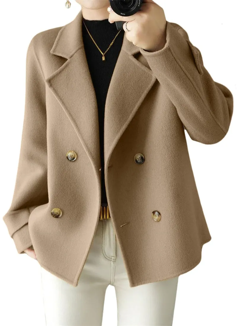 Chouyatou Womens Fall Winter Casual Business Wool Blend Coat Loose Double Breasted Dressy Blazer Pea Coat