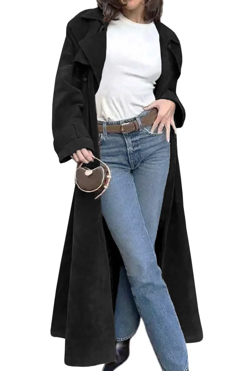 Chouyatou Womens Faux Suede Long Trench Coat Notched Lapel Double Breasted Pea Coat Overcoat with Belt