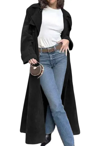 Chouyatou Womens Faux Suede Long Trench Coat Notched Lapel Double Breasted Pea Coat Overcoat with Belt