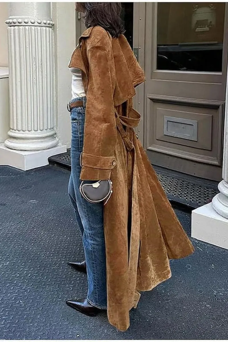 Chouyatou Womens Faux Suede Long Trench Coat Notched Lapel Double Breasted Pea Coat Overcoat with Belt