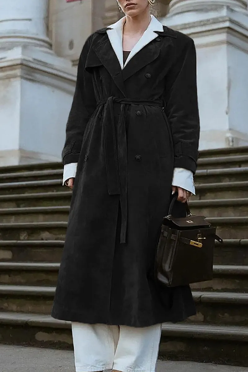 Chouyatou Womens Faux Suede Long Trench Coat Notched Lapel Double Breasted Pea Coat Overcoat with Belt