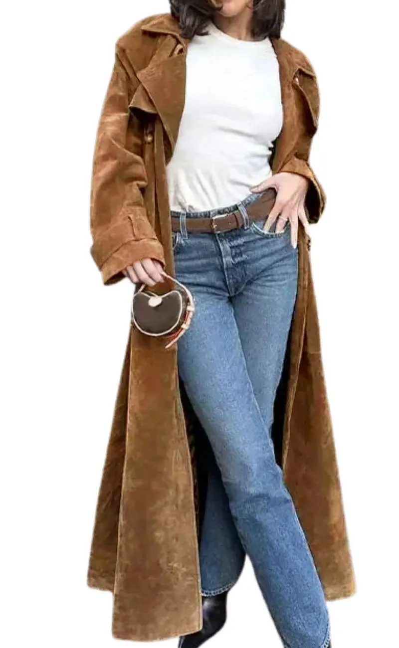 Chouyatou Womens Faux Suede Long Trench Coat Notched Lapel Double Breasted Pea Coat Overcoat with Belt