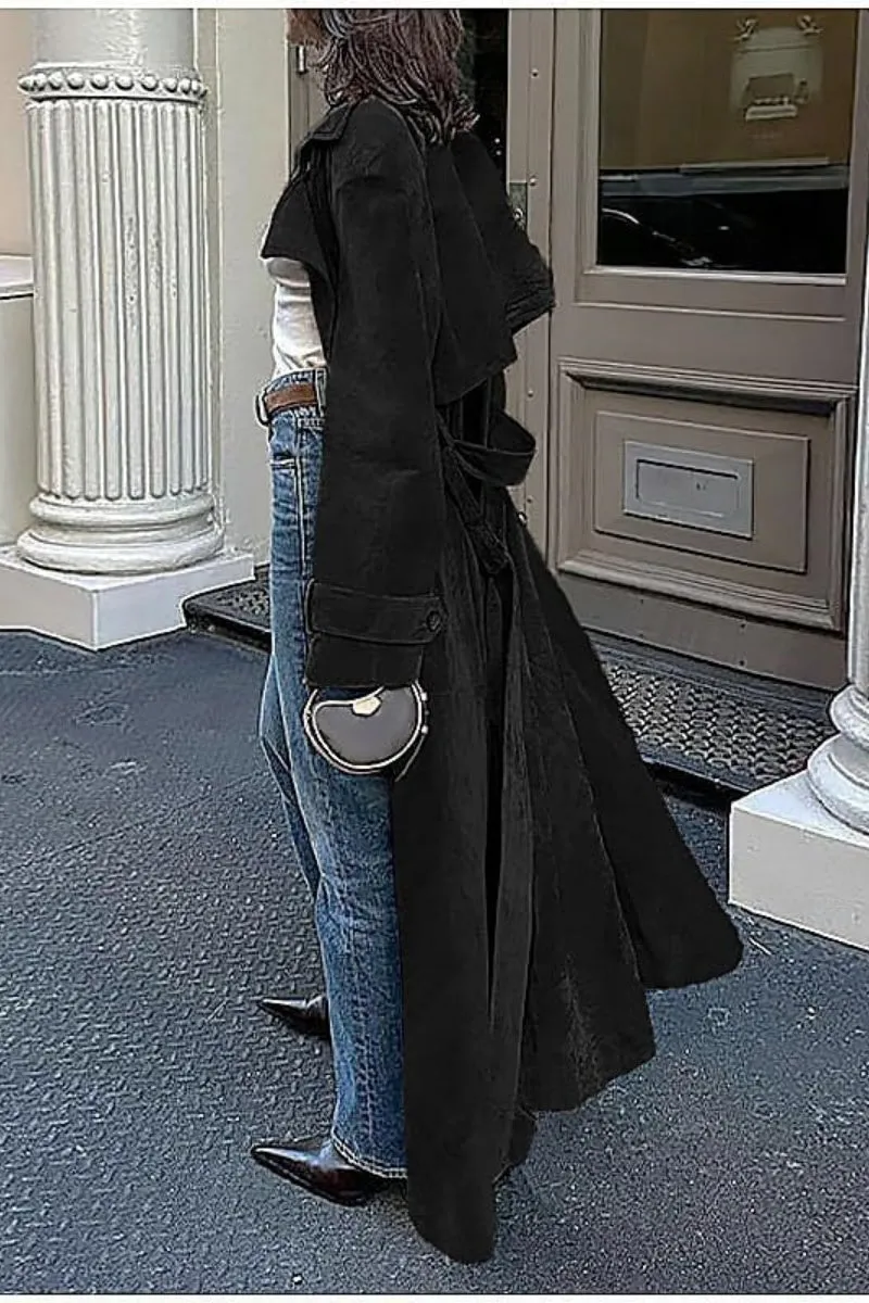 Chouyatou Womens Faux Suede Long Trench Coat Notched Lapel Double Breasted Pea Coat Overcoat with Belt