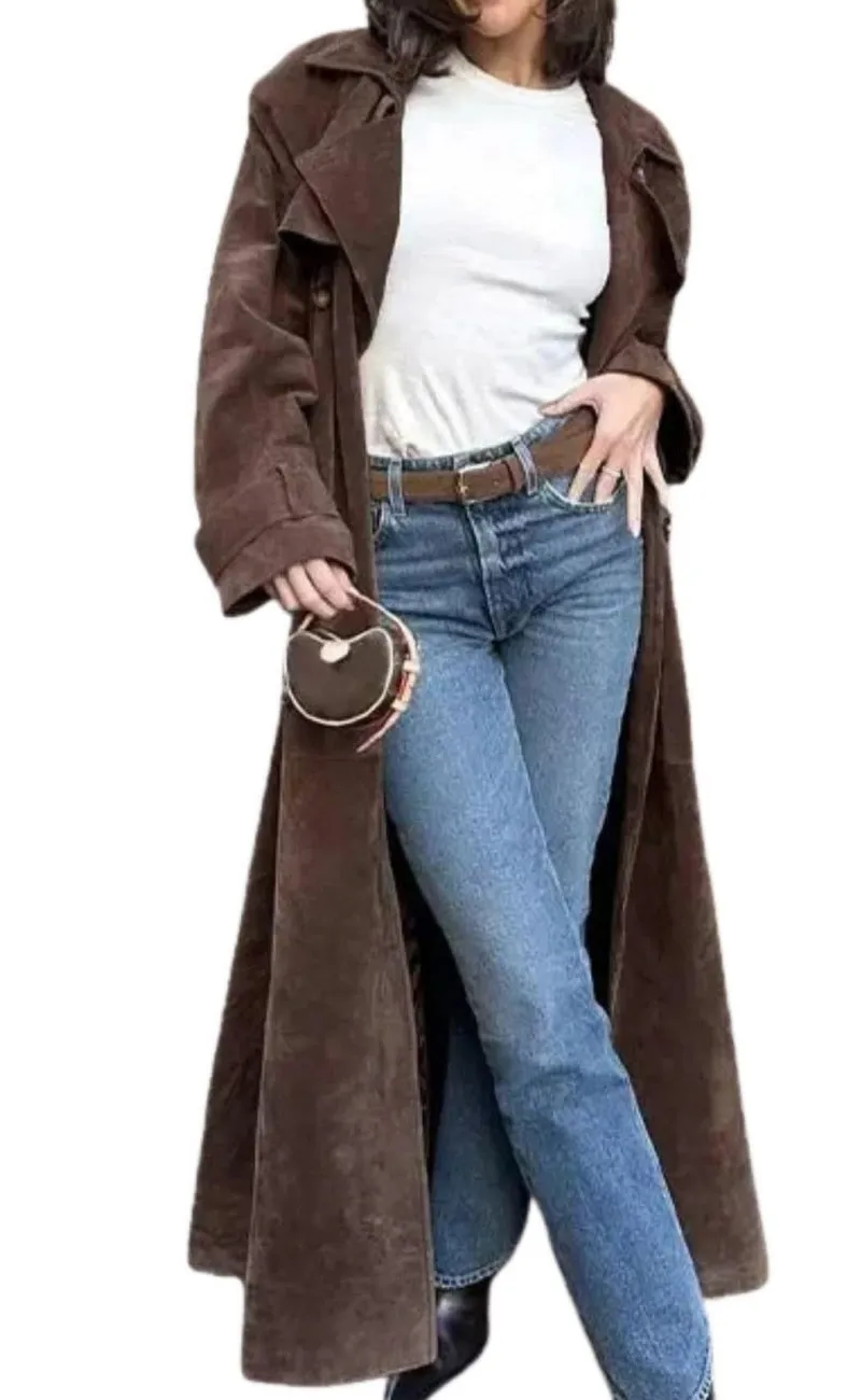 Chouyatou Womens Faux Suede Long Trench Coat Notched Lapel Double Breasted Pea Coat Overcoat with Belt