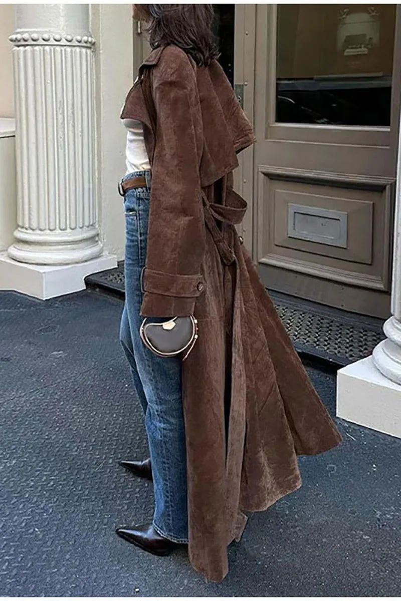 Chouyatou Womens Faux Suede Long Trench Coat Notched Lapel Double Breasted Pea Coat Overcoat with Belt