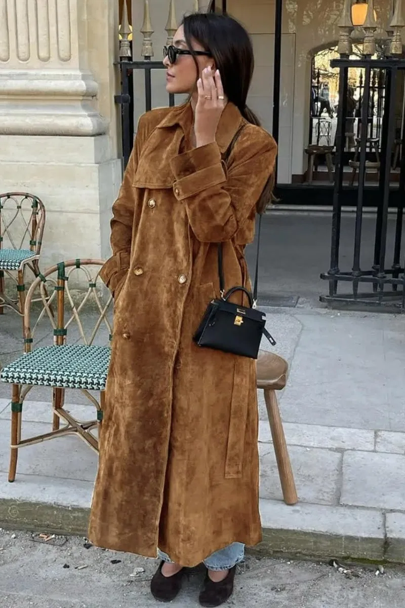 Chouyatou Womens Faux Suede Long Trench Coat Notched Lapel Double Breasted Pea Coat Overcoat with Belt