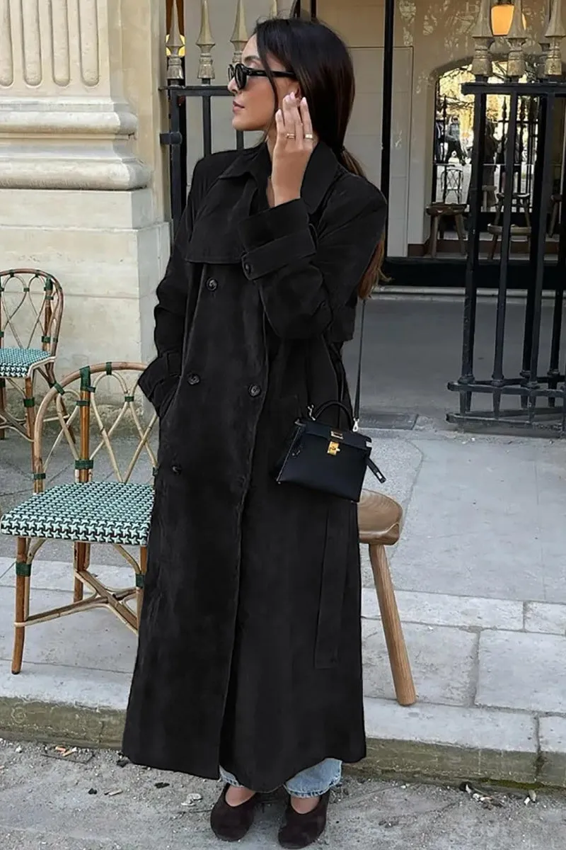 Chouyatou Womens Faux Suede Long Trench Coat Notched Lapel Double Breasted Pea Coat Overcoat with Belt