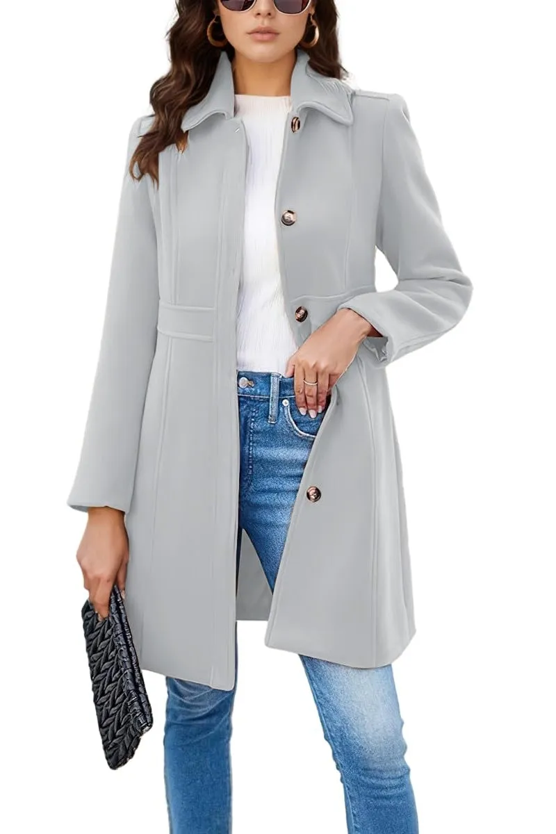 Chouyatou Women's Single Breasted Button Up Wool Coat Winter Casual Midi Long Wool Blend Trench Coat