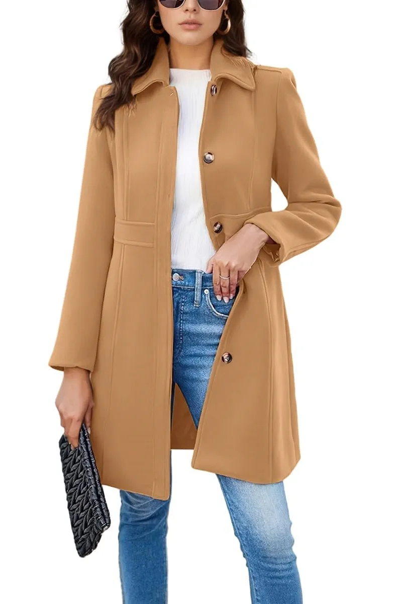 Chouyatou Women's Single Breasted Button Up Wool Coat Winter Casual Midi Long Wool Blend Trench Coat
