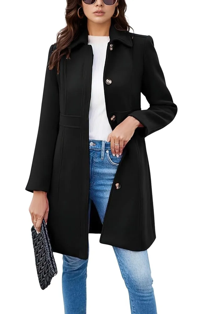 Chouyatou Women's Single Breasted Button Up Wool Coat Winter Casual Midi Long Wool Blend Trench Coat