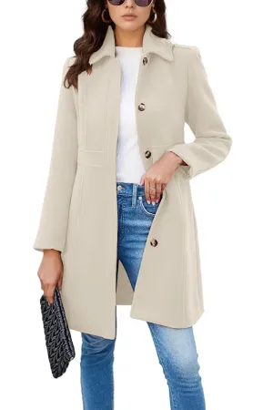 Chouyatou Women's Single Breasted Button Up Wool Coat Winter Casual Midi Long Wool Blend Trench Coat